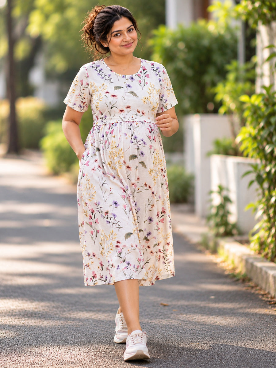 Ziva Zipless Maternity & Feeding Knitted Dress with Adjustable Waist Tie & Side Pocket | Soft Off-White Multicolour Botanical Floral Print
