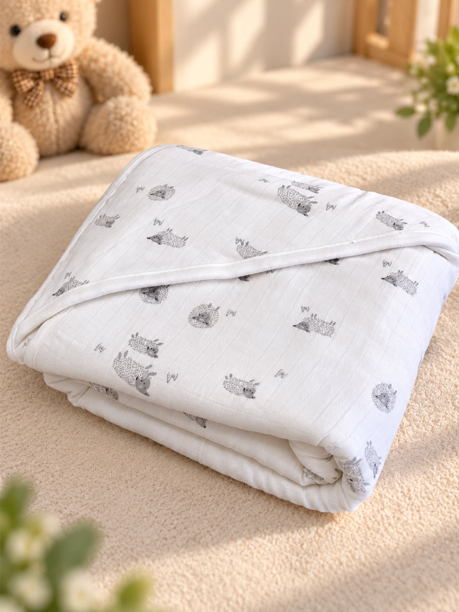 Ziva Premium Muslin Hooded Towel – Double Layer Muslin with Soft Fleece Core | Grey Hedgehog Print