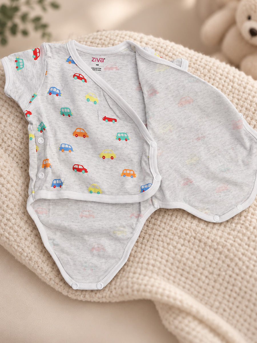 Ziva Baby Premium Knitted Cotton Overlap Romper – Pack of 3 | Grey Multicolour Car, Baby Blue Tiny Star & White Teddy Bear Assorted Prints | Newborn