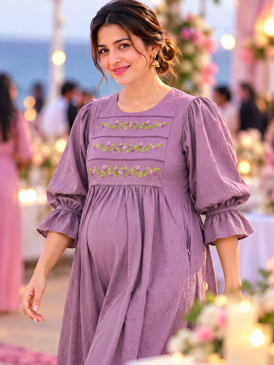 Ziva Premium Crinkle Viscose Maternity & Feeding Occasion Dress with Hand-Embroidered Yoke & Adjustable Puff Sleeves | Dusty Lavender