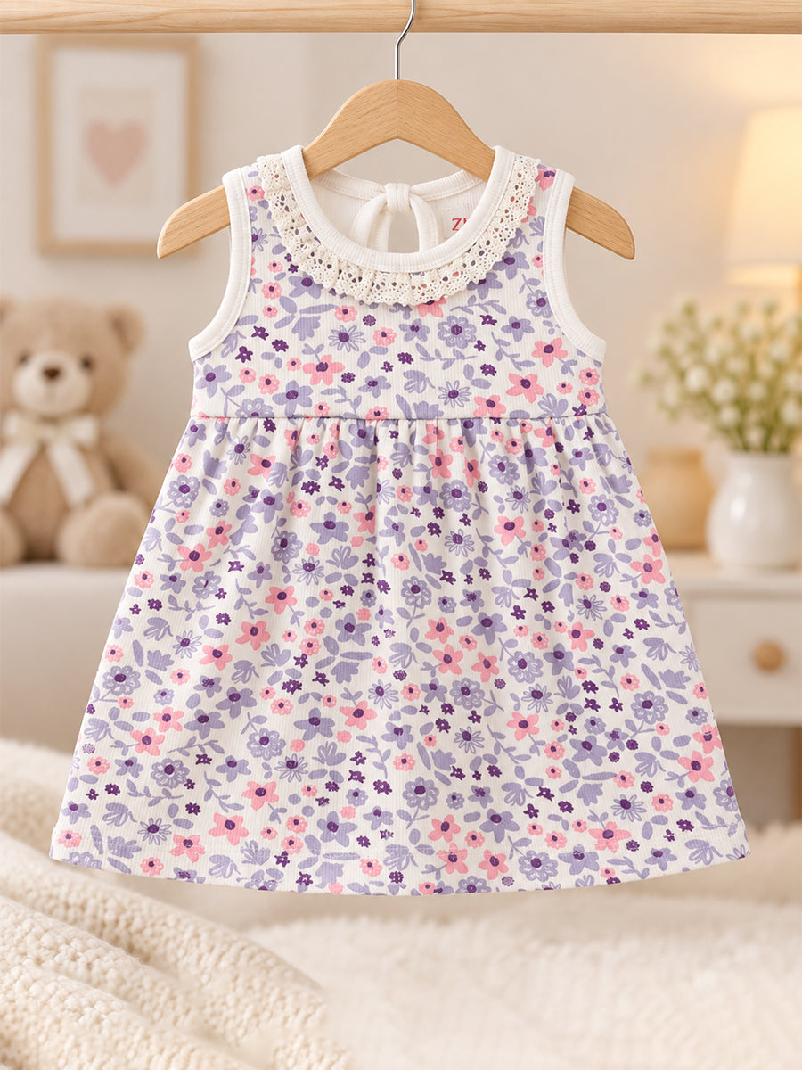 Ziva Baby Girl Frock with Pantie – Pink & Purple Floral Print | Premium Knitted Cotton | Crochet Lace Yoke & Back Knot Tie | 2-Piece Set