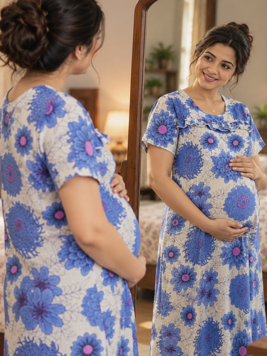 Ziva Maternity & Feeding Cotton Short Nighty – Concealed Feeding Zips & Side Pocket | Cornflower Blue Floral Print