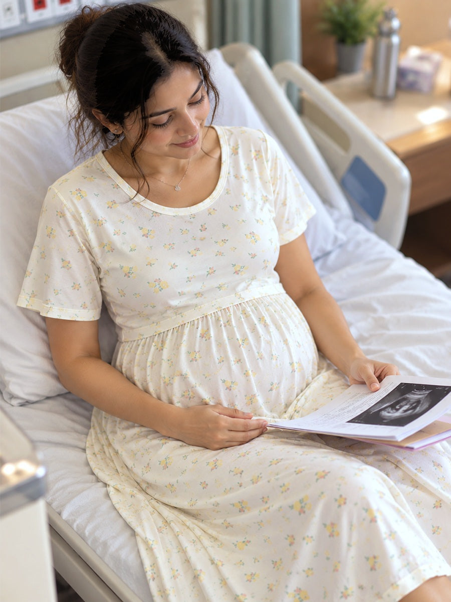 Ziva Zipless Maternity & Feeding Knitted Dress with Adjustable Waist Tie & Side Pocket | Soft Off-White Lemon Yellow Tiny Floral Print