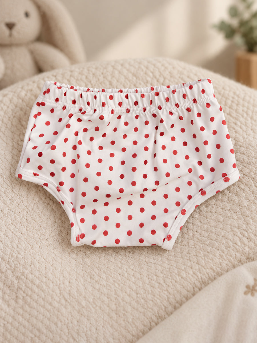 Ziva Baby Girl Strappy Frock with Pantie – White Red Polka Dot Print | Premium Knitted Cotton | Tiered Frill & Front Buttons | 2-Piece Set