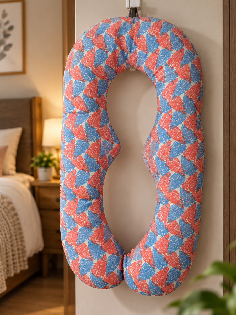 Ziva Multipurpose Pregnancy Pillow / Maternity Pillow / Body Pillow – U Shape – Red & Blue Leaf Print | 100% Cotton