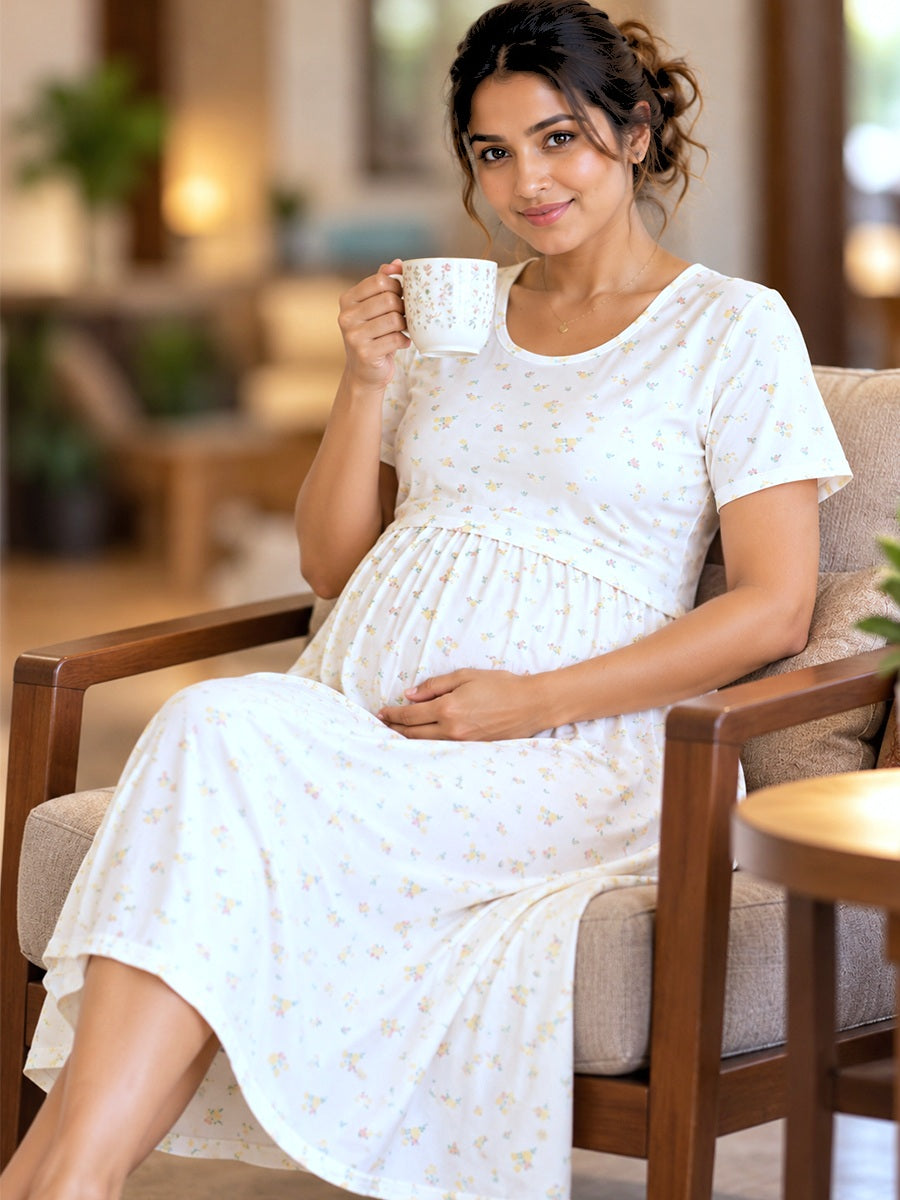 Ziva Zipless Maternity & Feeding Knitted Dress with Adjustable Waist Tie & Side Pocket | Soft Off-White Lemon Yellow Tiny Floral Print