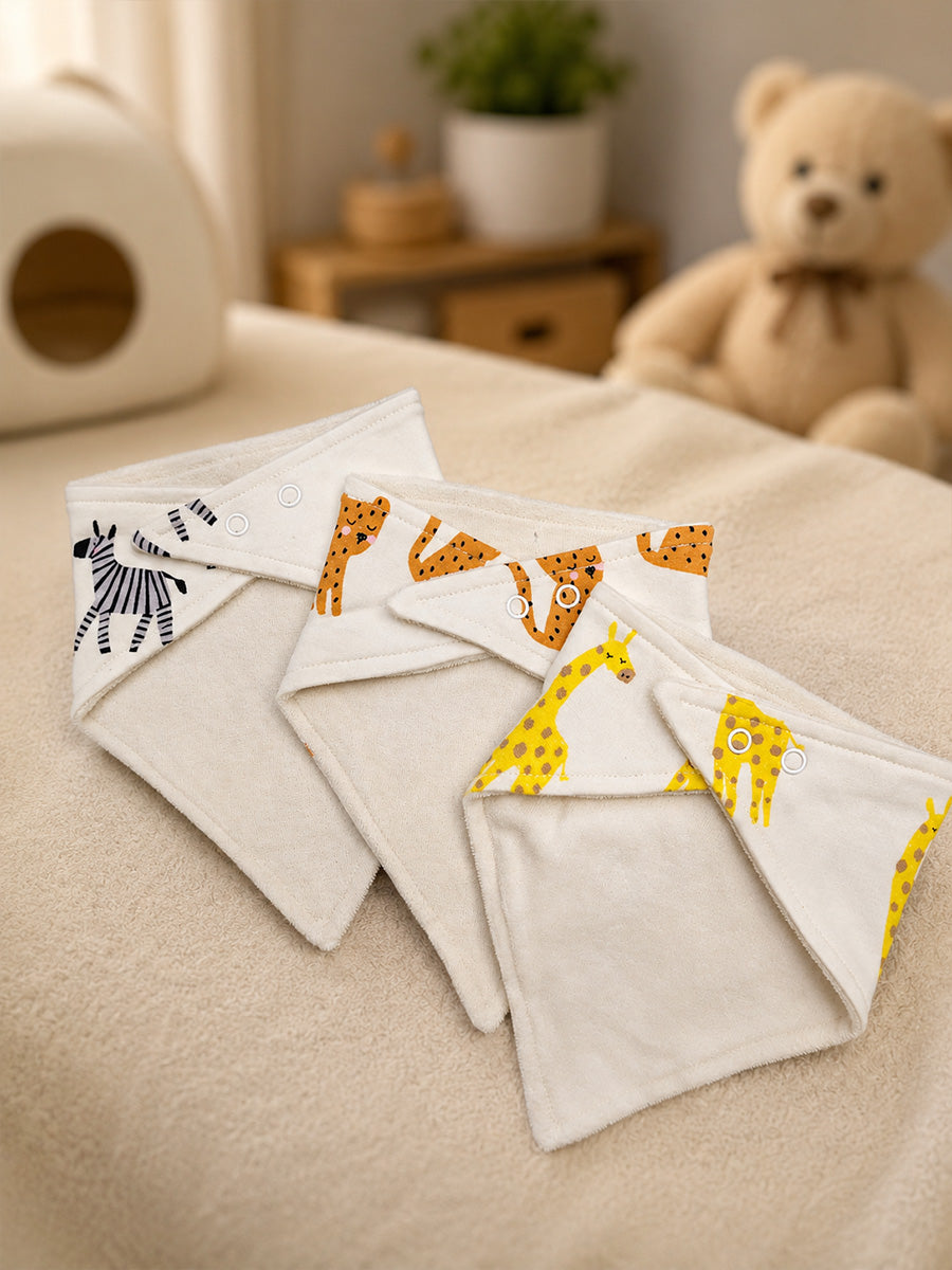 Ziva Premium Knitted Cotton Baby Bib – Pack of 3 | Soft Terry Lining | Adjustable Press Buttons | Assorted Animal Prints