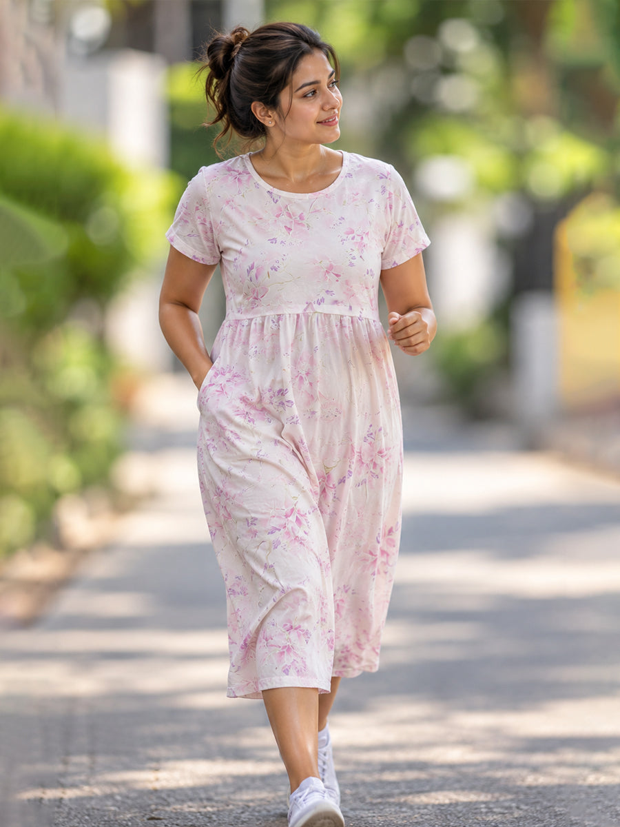 Ziva Zipless Maternity & Feeding Knitted Dress with Adjustable Waist Tie & Side Pocket | Soft Blush Pink & Lavender Floral Print