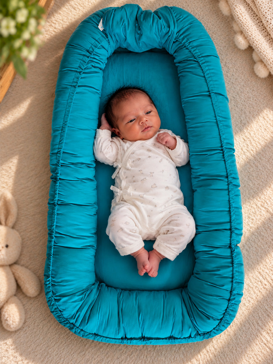 Premium Organic Cotton Multipurpose Baby Nest –  Newborn Baby Lounger & Baby Bed | Turquoise Blue | Ziva Collected | Carefully Selected for Your Little One