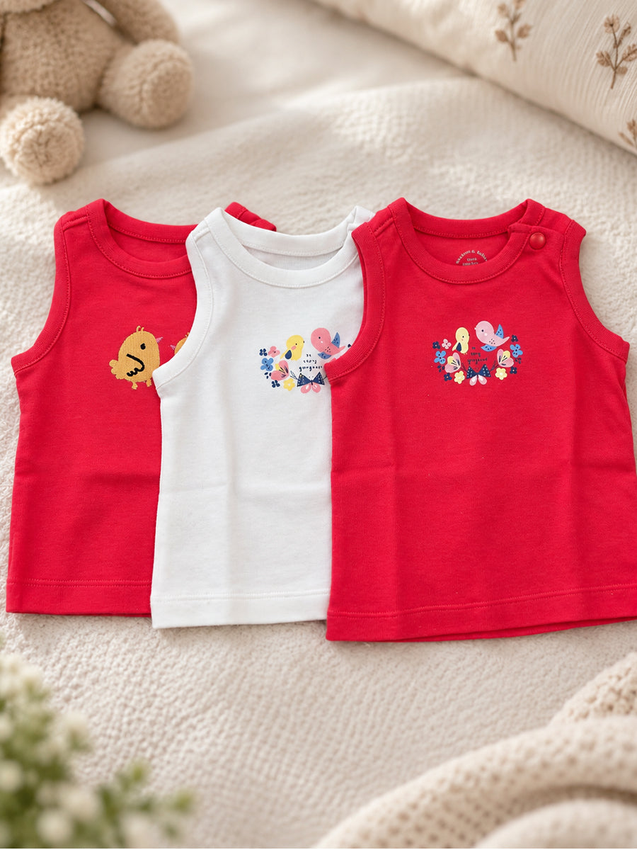 Baby Girls Cotton Sleeveless T-Shirt Combo – Pack of 3 | Assorted Prints | Shoulder Press Buttons | Ziva Collected | Carefully Selected for Your Little One
