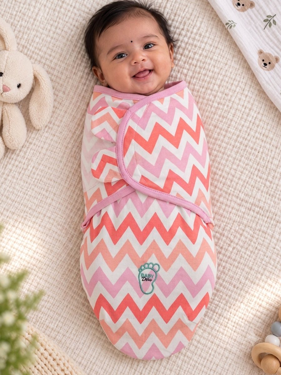 Baby Knitted Cotton Velcro Swaddle – White with Pink, Coral & Peach Zigzag Print | Adjustable Velcro Closure | Ziva Collected | Carefully Selected for Your Little One