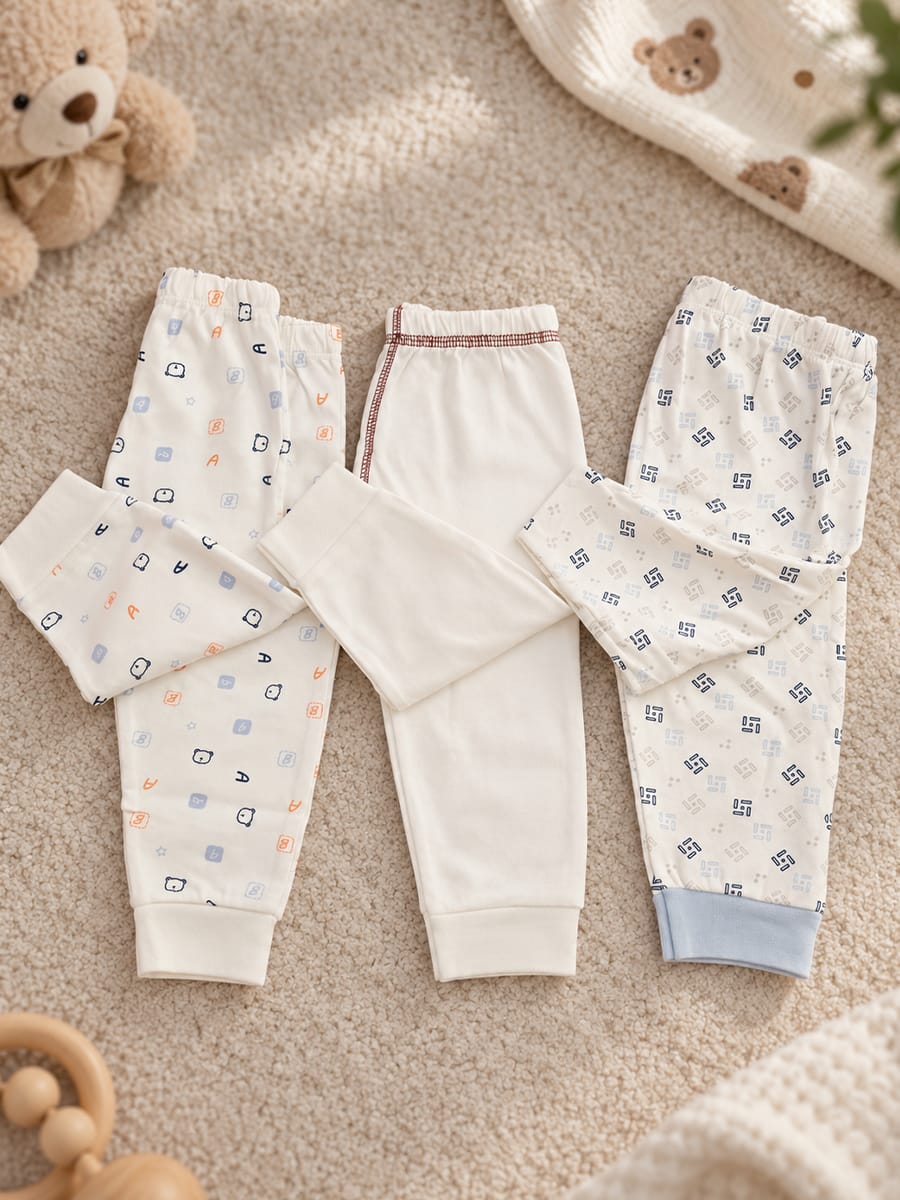 Baby Knitted Cotton Pants Combo – Pack of 3 | Assorted Cute Baby Prints | 6–9 Months | Ziva Collected | Carefully Selected for Your Little One