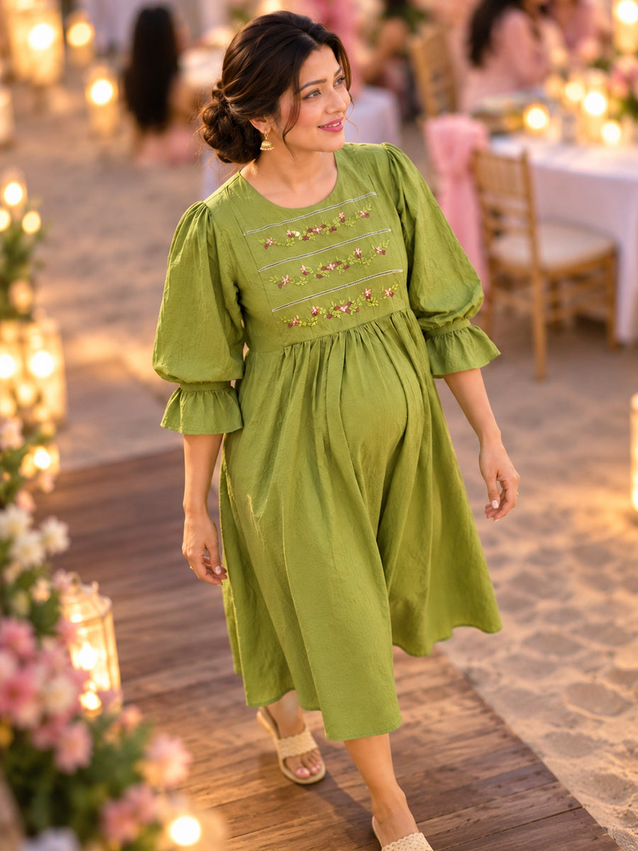 Ziva Premium Crinkle Viscose Maternity & Feeding Occasion Dress with Hand-Embroidered Yoke & Adjustable Puff Sleeves | Olive Green