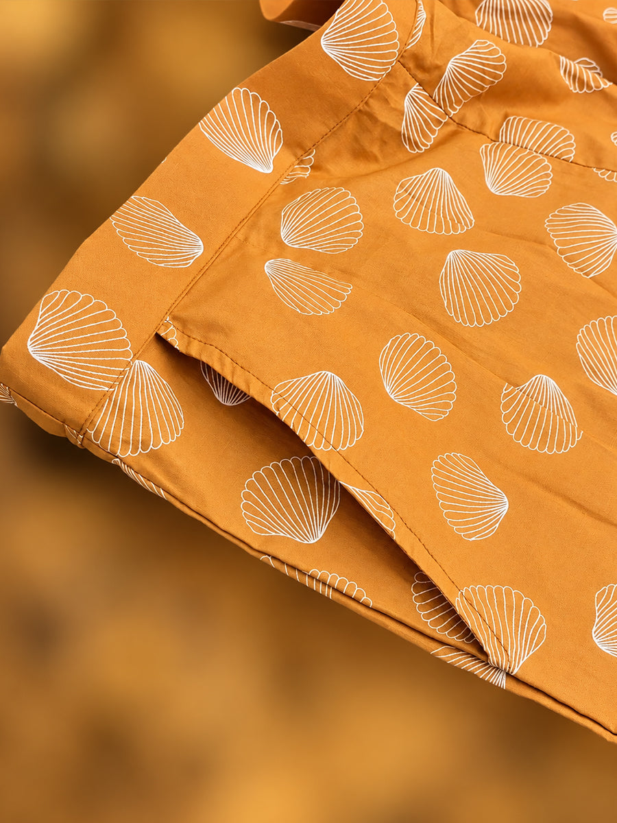 Ziva Maternity & Feeding Cotton Co-ord Set with Side Zips & Pockets – Warm Orange Yellow Seashell Print