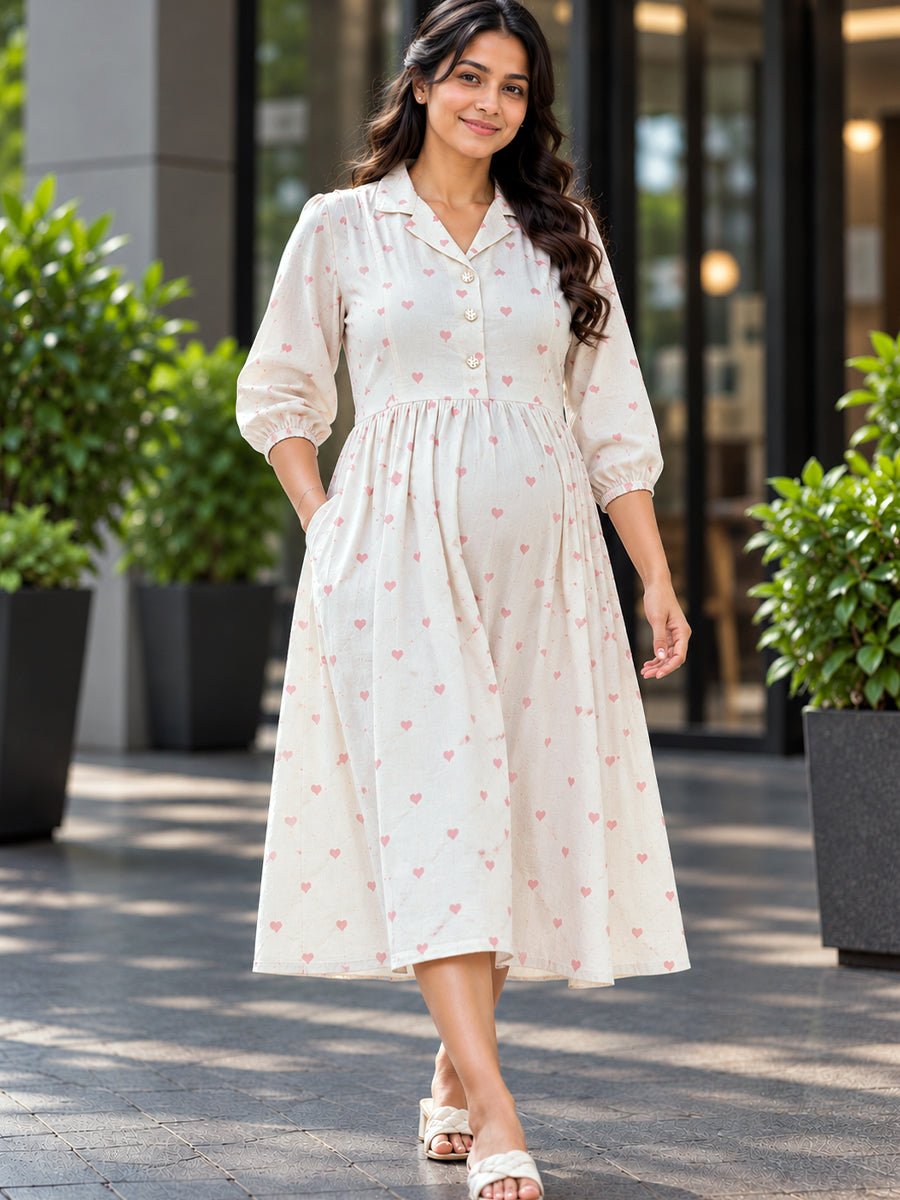 Ziva Premium Viscose Linen Maternity & Feeding Dress with Notched Collar, Concealed Zips & Side Pocket | Soft Cream Dusty Rose Heart Print