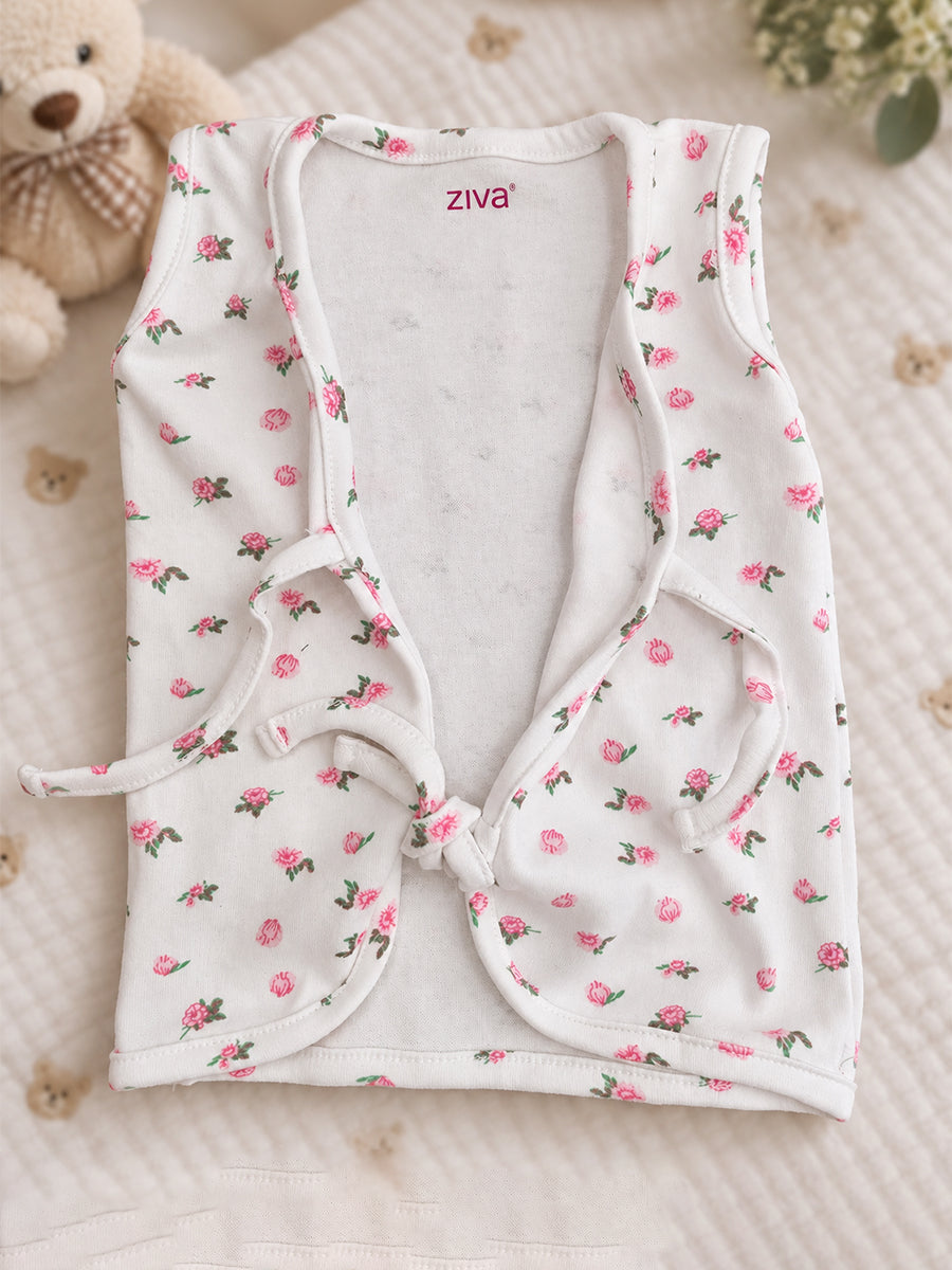 Ziva Newborn Cotton Front Open Tie Jabla with Tie Nappy – White Pink Rose Print