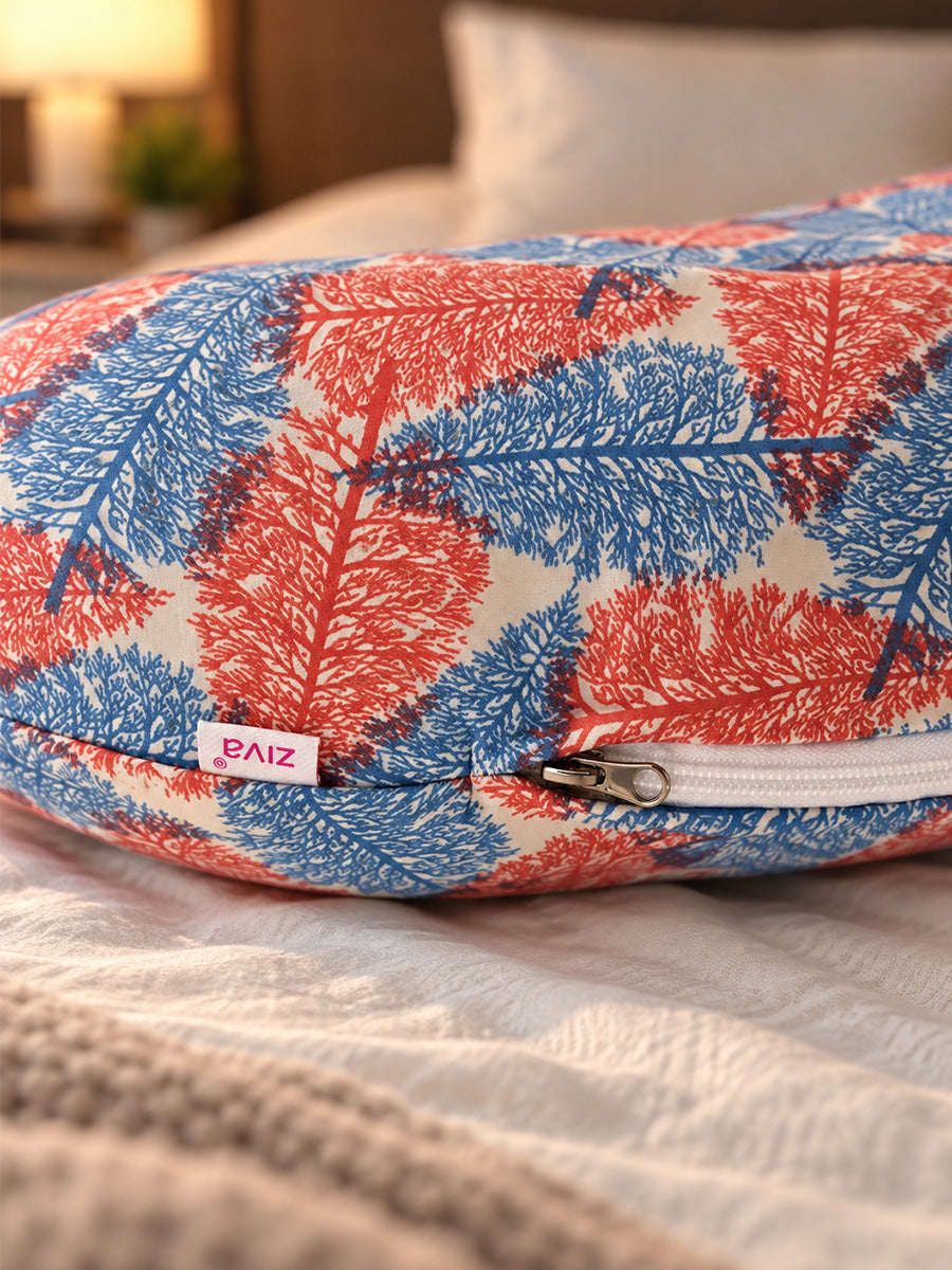 Ziva Multipurpose Pregnancy Pillow / Maternity Pillow / Body Pillow – U Shape – Red & Blue Leaf Print | 100% Cotton