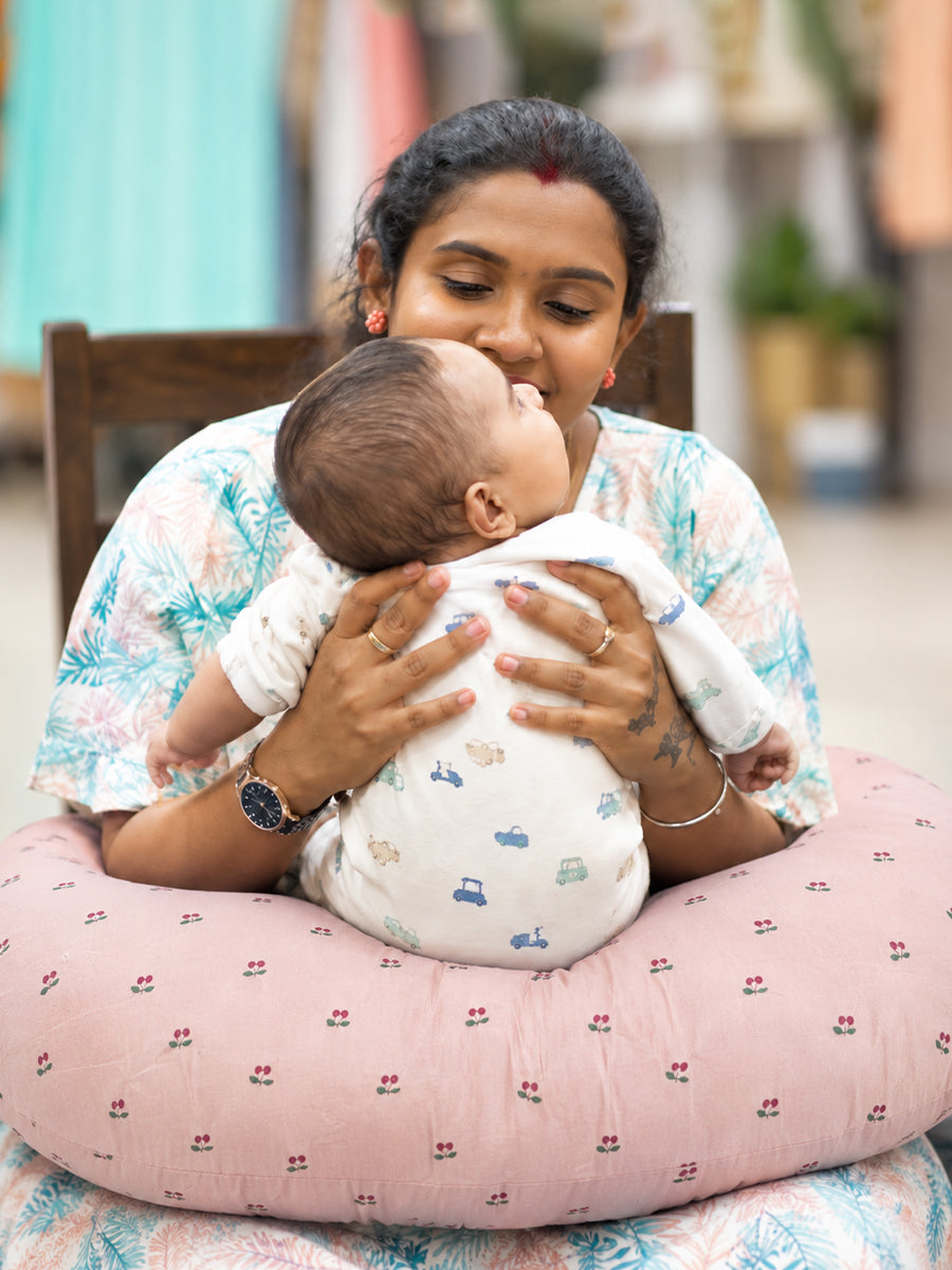 Ziva Multipurpose Feeding Pillow – Premium Organic Cotton | Light Brown with Tiny Cherry Print | Removable & Washable Cover
