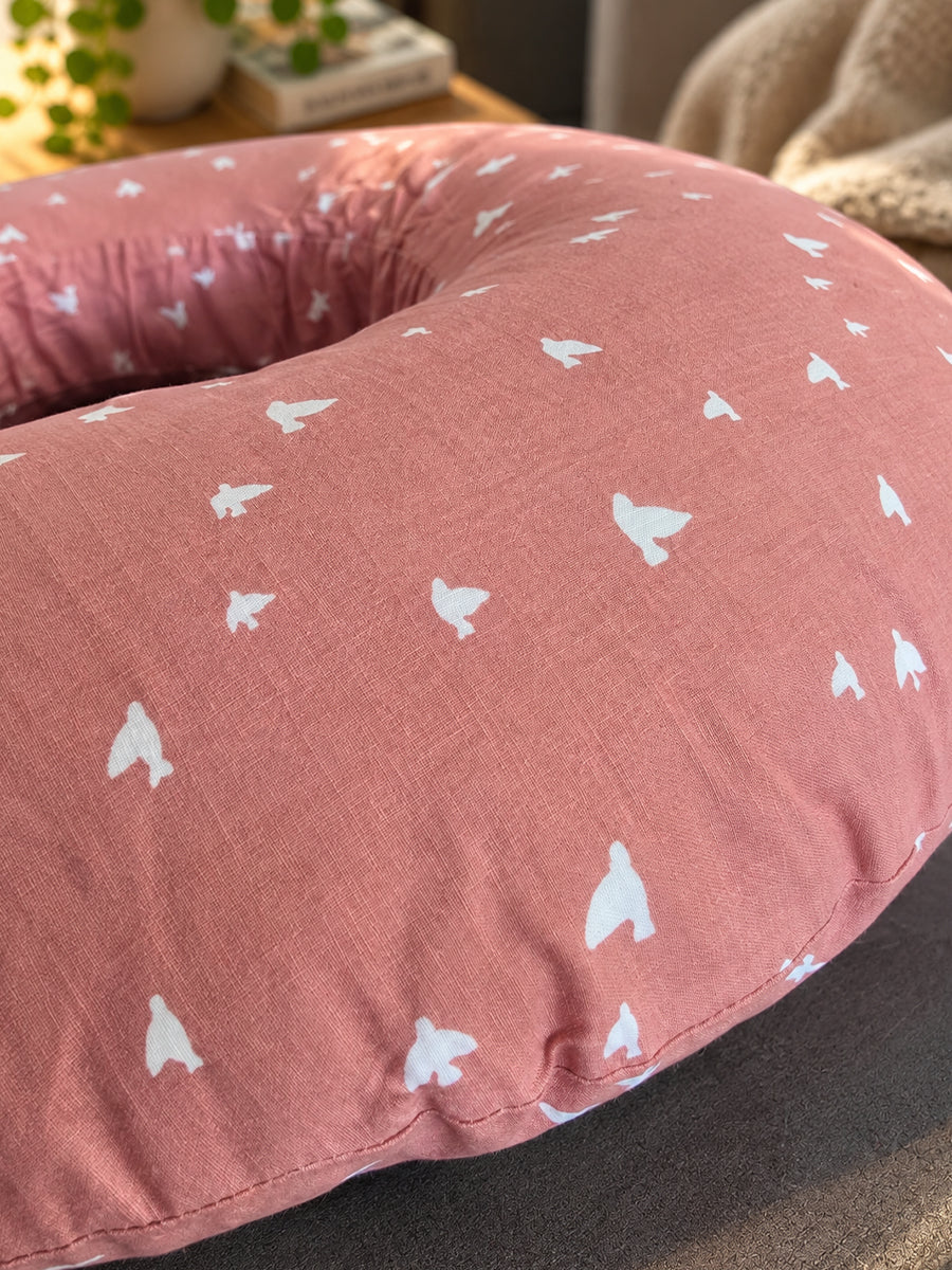 Ziva Multipurpose Feeding Pillow – White with Warm Beige Bird Print | 100% Cotton Cover | Removable & Washable