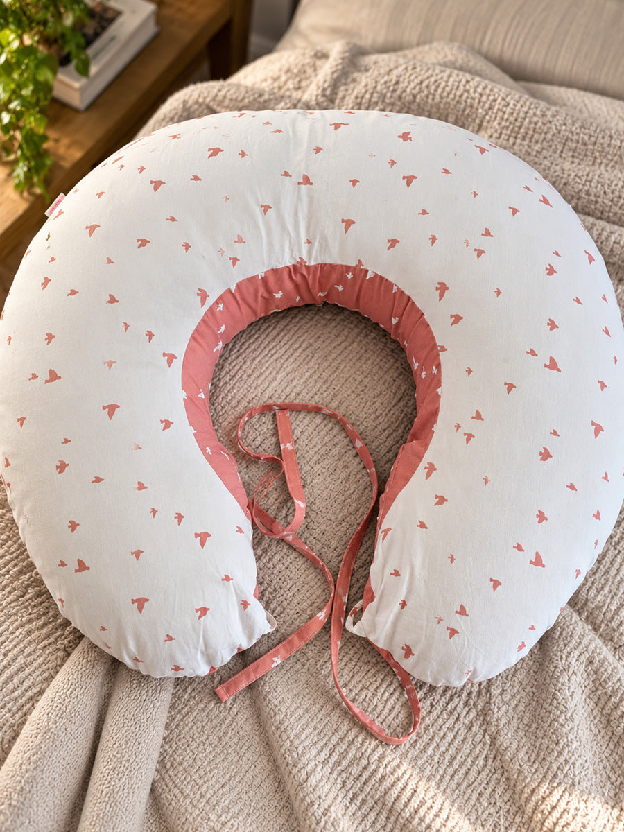 Ziva Multipurpose Feeding Pillow – White & Peach Pink with Reversible Bird Print | 100% Cotton Cover | Removable & Washable