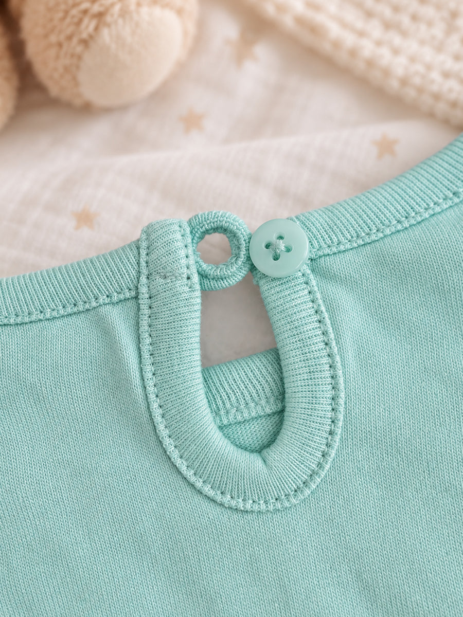 Baby Girls Knitted Cotton Fruit Embroidery Romper – Mint Green | Flutter Sleeves | Bottom Press-Button Opening |Ziva Collected | Carefully Selected for Your Little One