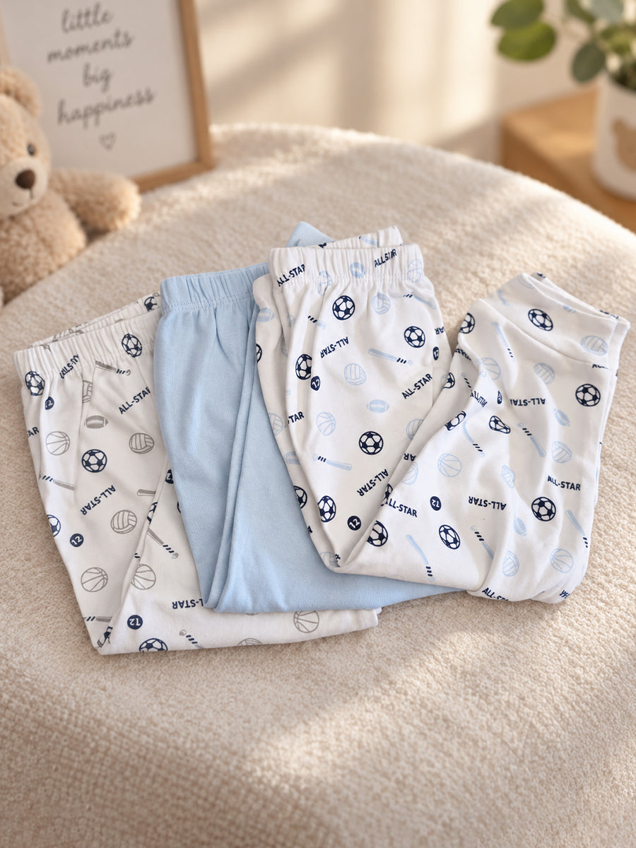 Baby Knitted Cotton Pants Combo – Pack of 3 | Assorted All-Star Sports Print & Baby Blue | 9–12 Months | Ziva Collected | Carefully Selected for Your Little One