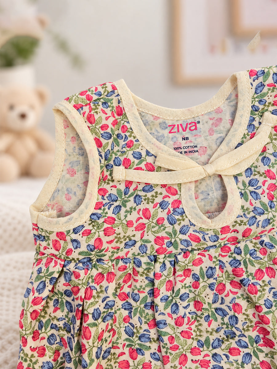 Ziva Muslin Baby Girl Front Knot Tie Frock – Pack of 3 | Premium Cotton Muslin | Assorted Botanical Prints (Print Details: Check Product Description)