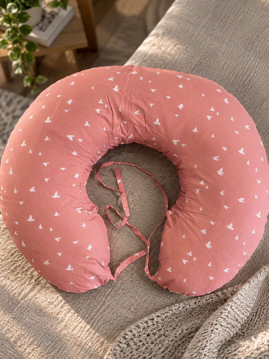 Ziva Multipurpose Feeding Pillow – White with Warm Beige Bird Print | 100% Cotton Cover | Removable & Washable