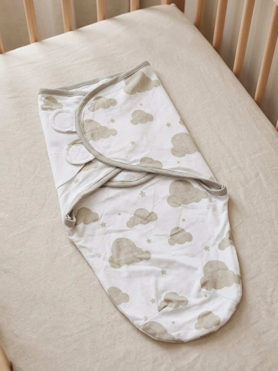 Baby Knitted Cotton Velcro Swaddle – White with Beige Cloud & Star Print | Adjustable Velcro Closure | Ziva Collected | Carefully Selected for Your Little One