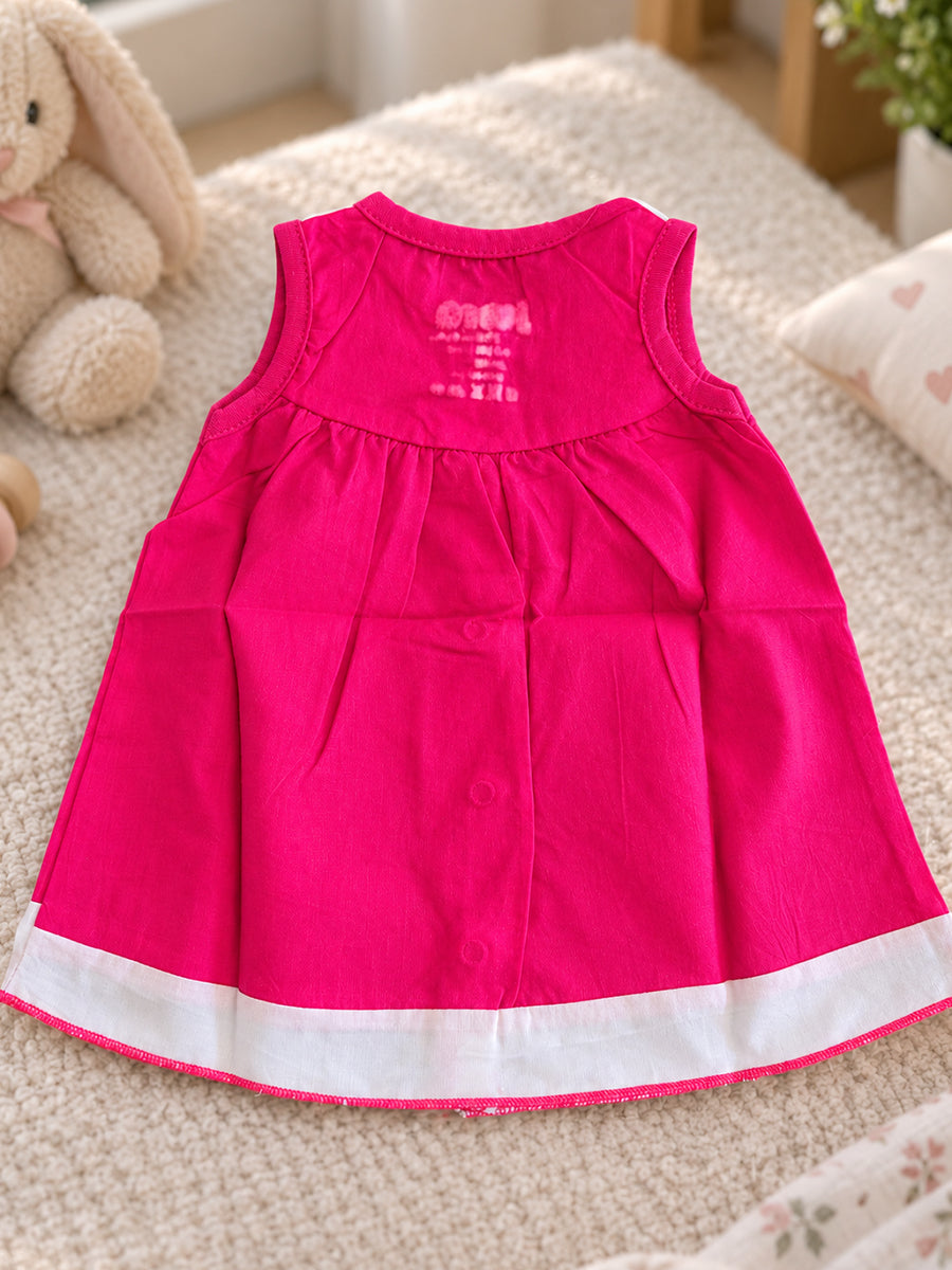 Baby Cotton Front Open Frock – Rani Pink & White | Floral Embroidered Yoke | Ziva Collected | Carefully Selected for Your Little One