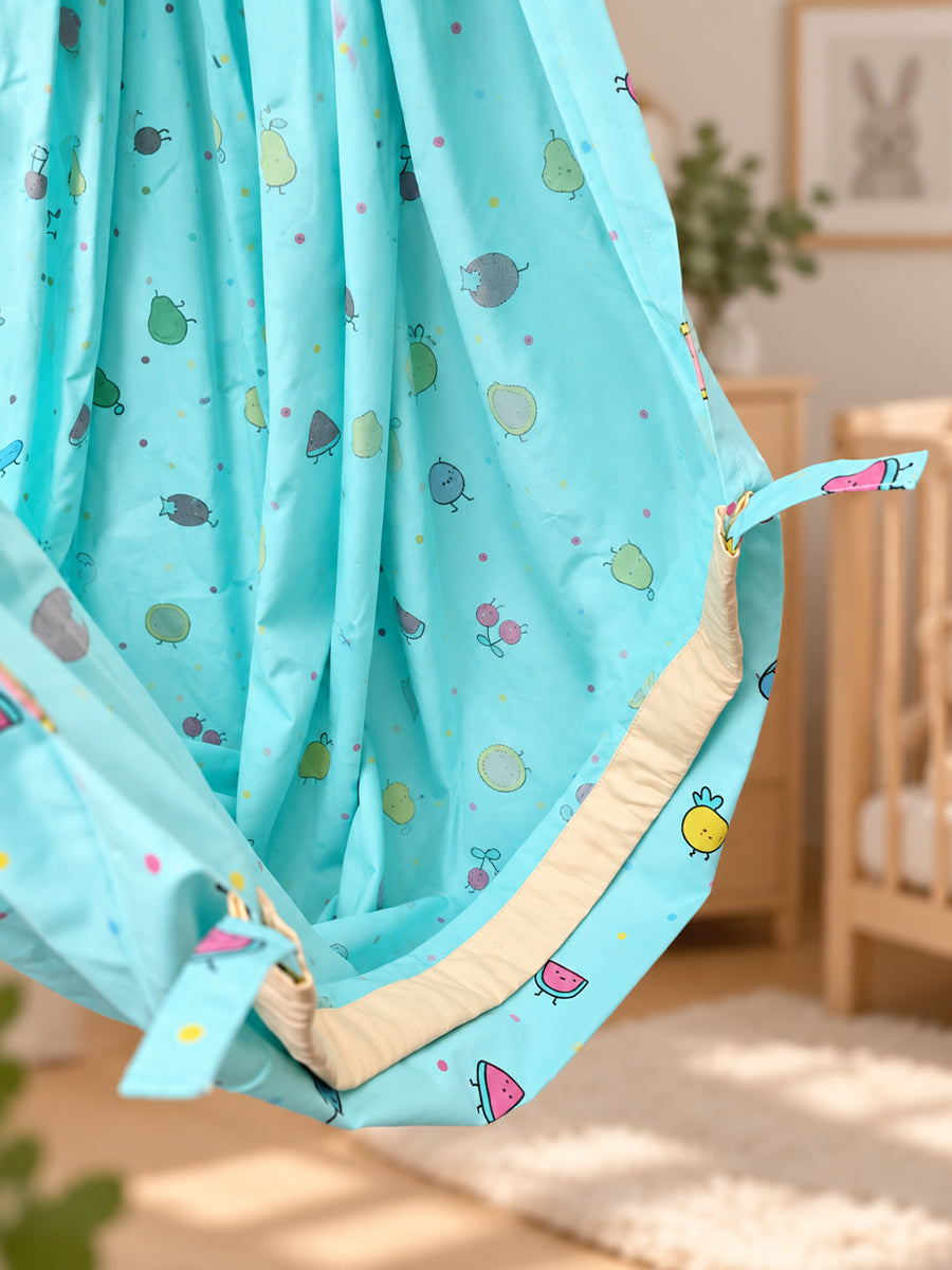 Ziva Baby Cradle – Fruity Friends Cream | Premium Cotton Cloth Cradle with Aqua Blue Mosquito Net, Hanger & S-Hook