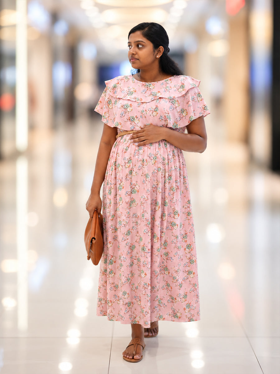 Ziva Light Blush Pink Rayon Maternity & Feeding Dress with Blue & Purple Floral Print, Ruffled Flounce & Dual Concealed Zips