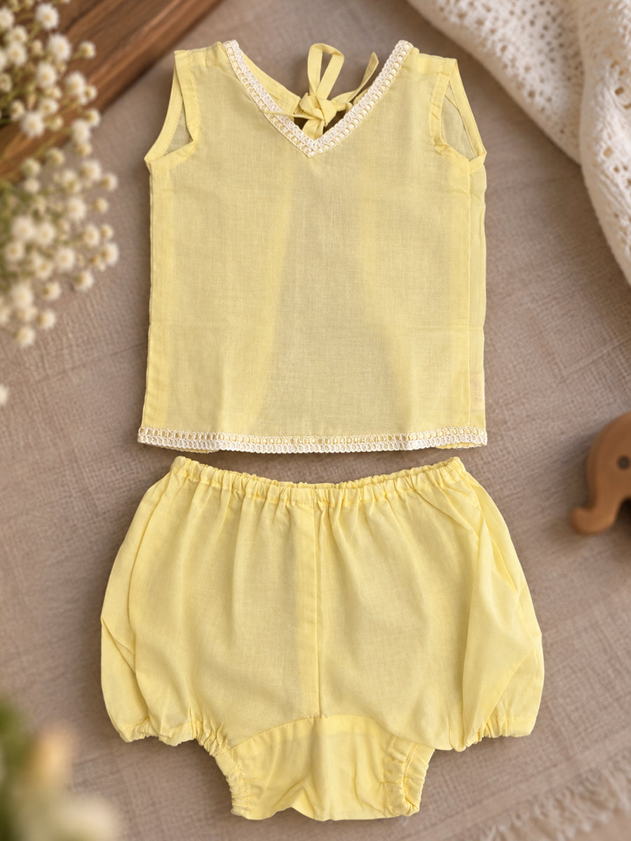 Ziva Baby Cotton V-Neck Top & Bloomer Set – Soft Yellow | Back Tie | 1 Top + 1 Bloomer