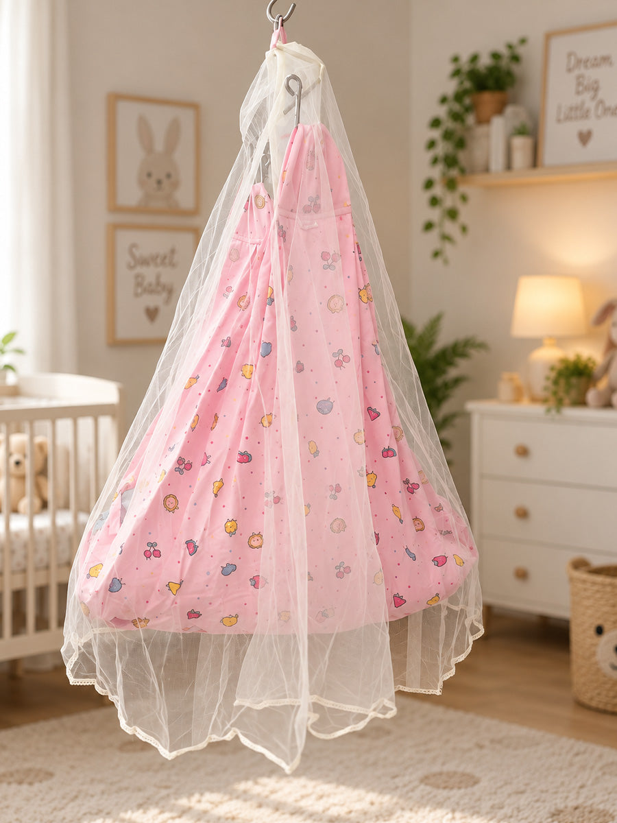 Ziva Baby Cradle – Fruity Friends Pink | Premium Cotton Cloth Cradle with Mosquito Net, Hanger & S-Hook