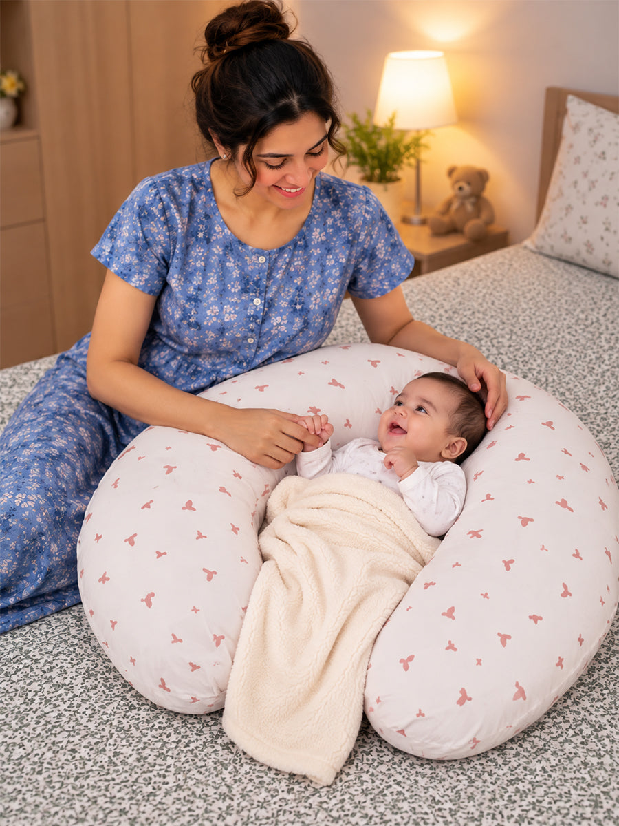 Ziva Multipurpose Feeding Pillow – White with Peach Pink Bird Print | 100% Cotton Cover | Removable & Washable