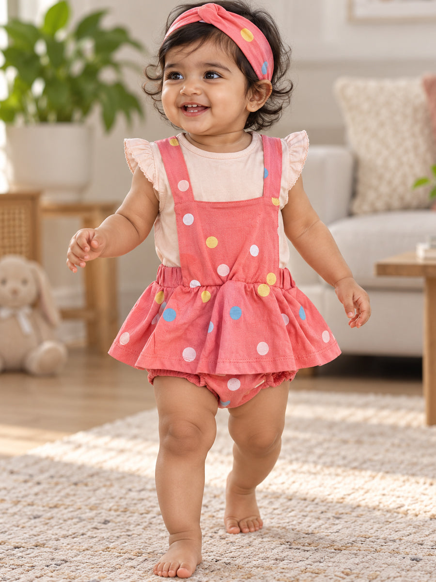 Baby Knitted Cotton Pinafore Romper Set – Coral Multicolour Polka Dot | Inner Top & Hairband | Newborn to 9–12 Months