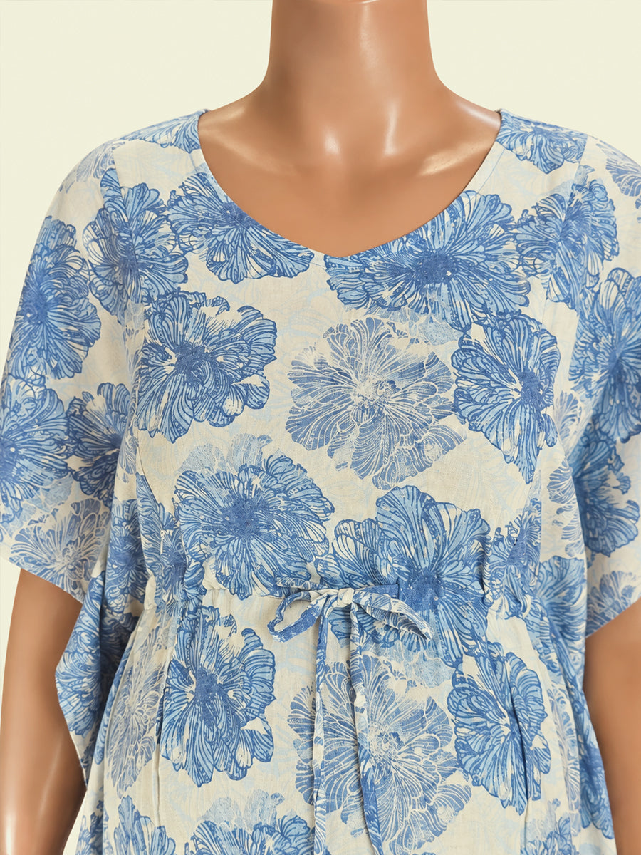 Ziva Maternity & Feeding Rayon Kaftan – Concealed Feeding Zips & Waist Adjustable Tie | Surf Blue Floral Print