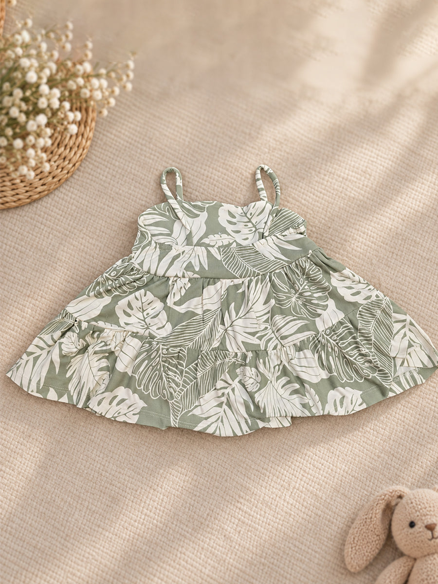 Ziva Baby Girl Strappy Frock with Pantie – Sage Green Tropical Leaf Print | Knitted Cotton