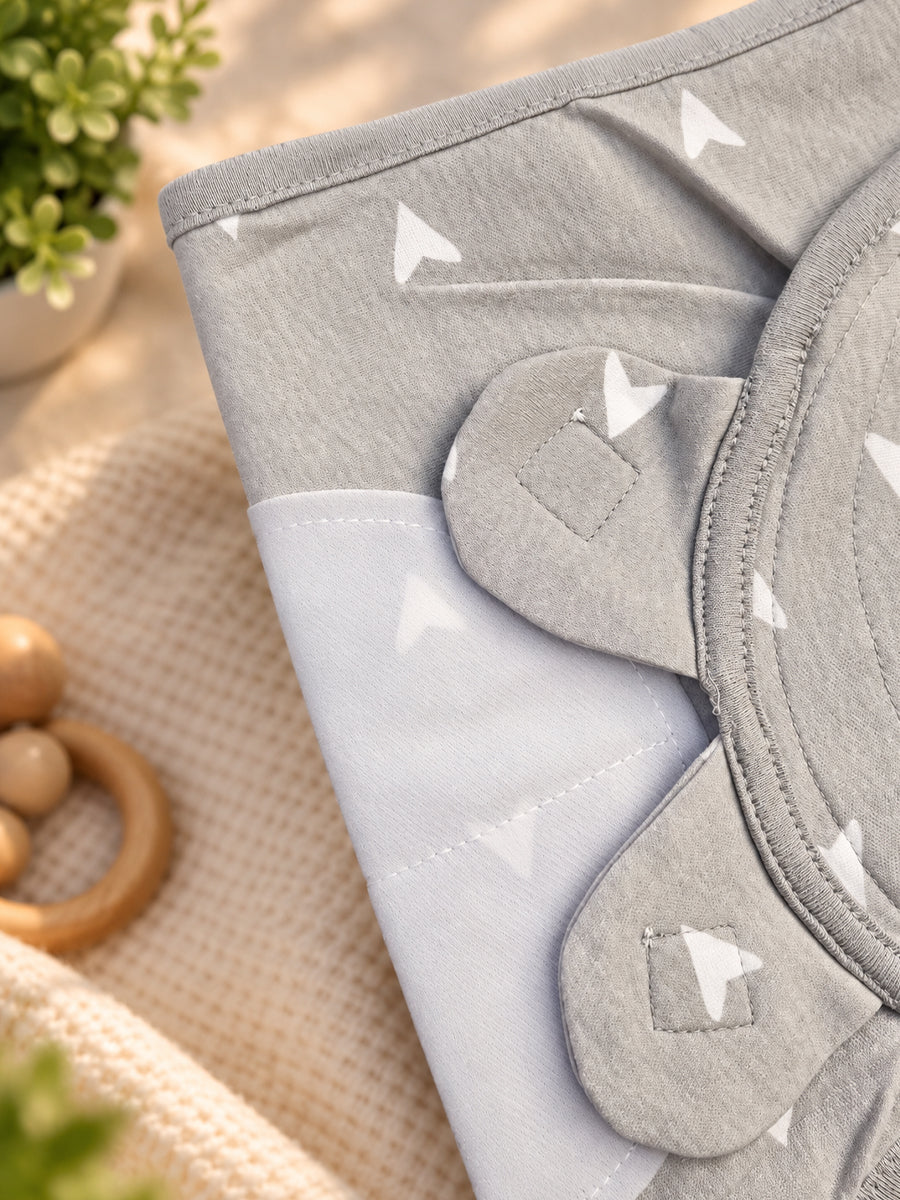 Baby Knitted Cotton Velcro Swaddle – Light Grey with White Mini Triangle Print | Adjustable Velcro Closure | Ziva Collected | Carefully Selected for Your Little One