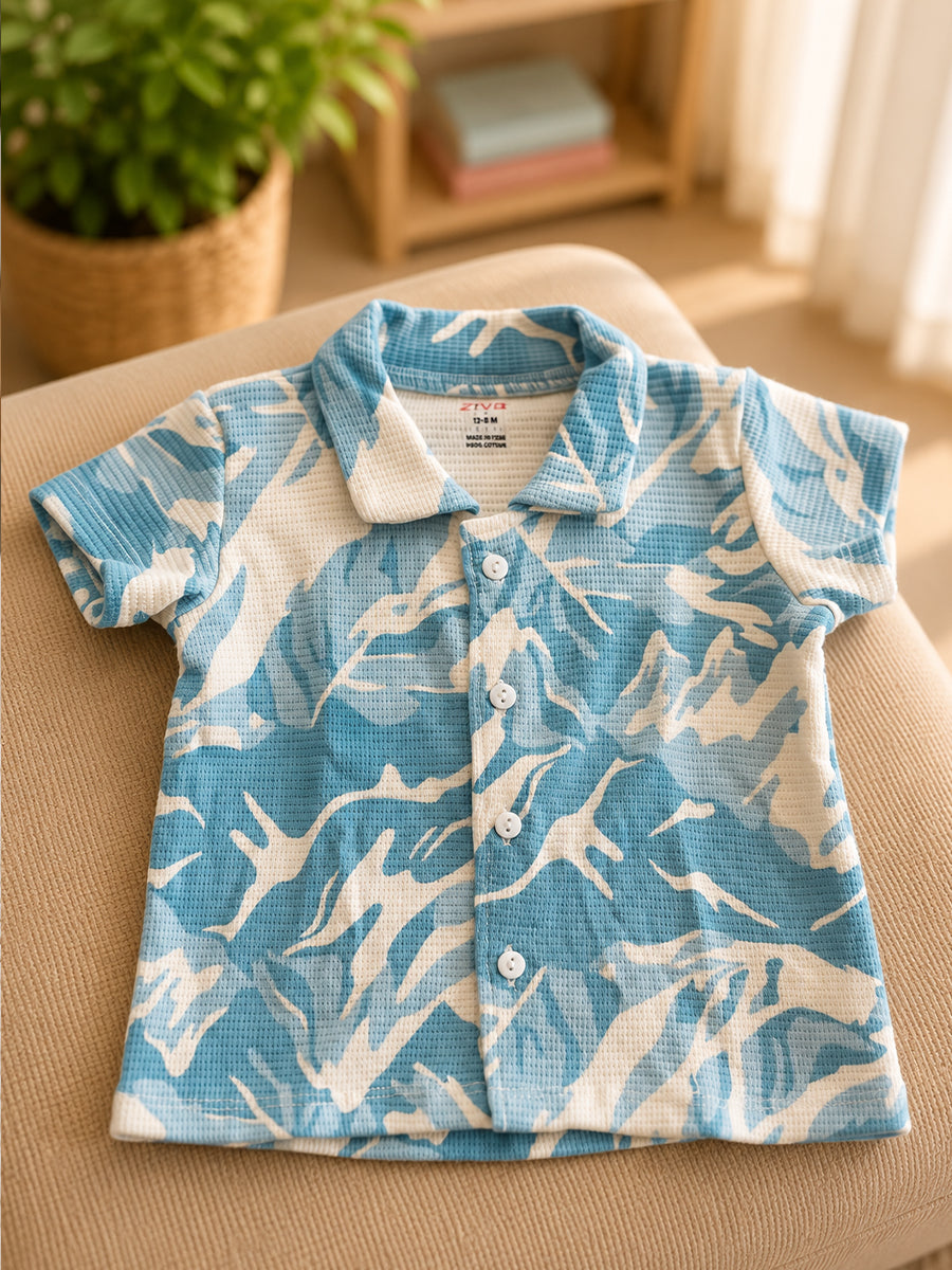 Ziva Premium Waffle Knitted Cotton Baby Co-Ord Set – Collar Neck Shirt & Elastic Waist Shorts | Aqua Blue & Off White | Abstract Camouflage Print