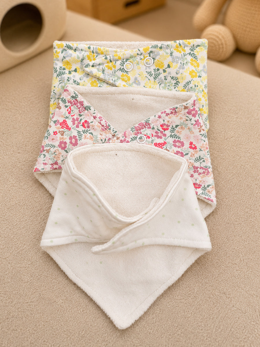 Ziva Premium Knitted Cotton Baby Bib – Pack of 3 | Soft Terry Lining | Adjustable Press Buttons | Assorted Floral Prints
