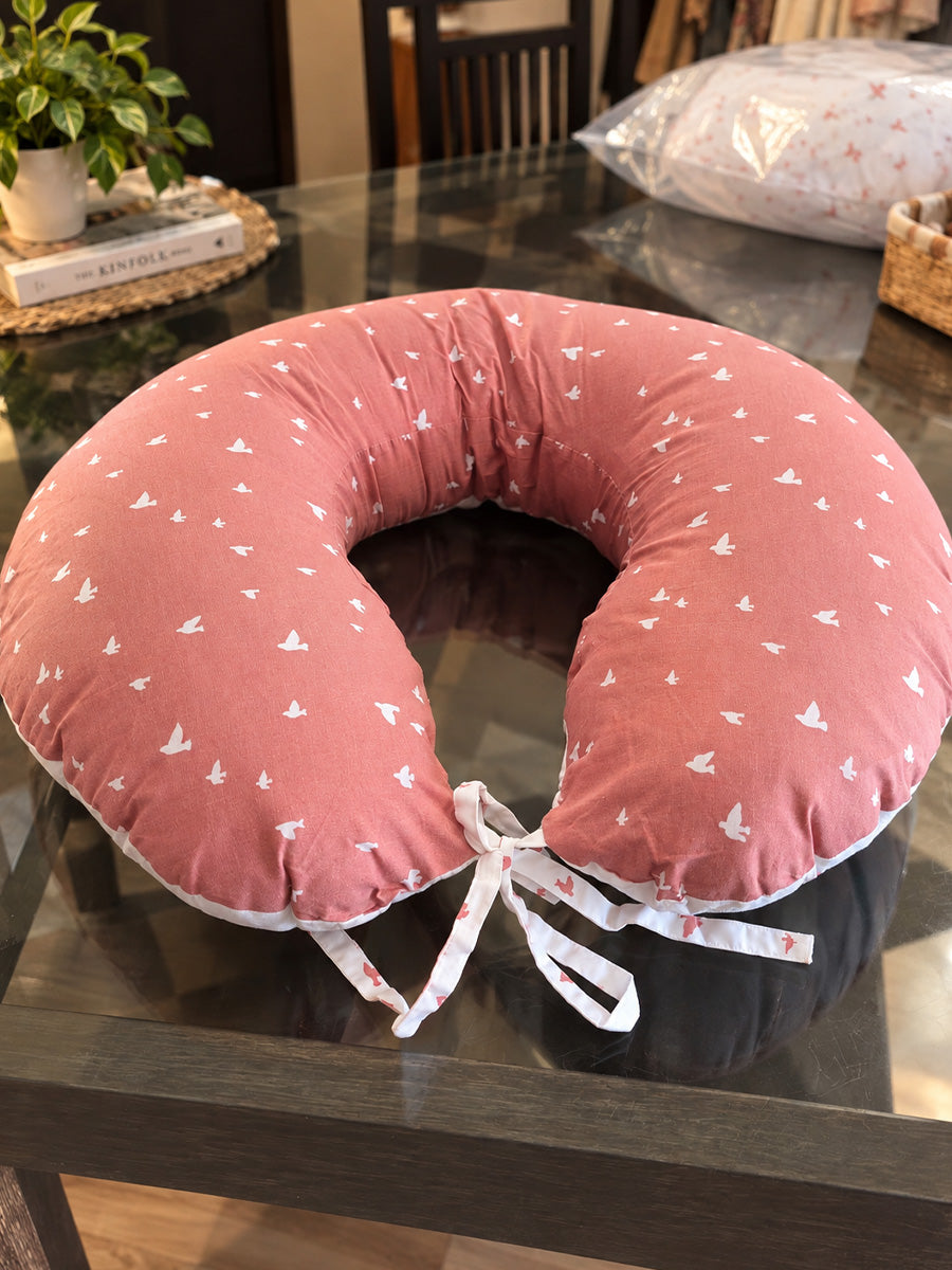 Ziva Multipurpose Feeding Pillow – White & Peach Pink with Reversible Bird Print | 100% Cotton Cover | Removable & Washable