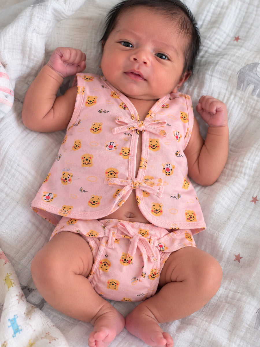 Ziva Newborn Knitted Cotton Front Open Tie Jabla with Light Padded Tie Nappy – Blush Pink Cute Bear Print | 1 Jabla + 1 Nappy