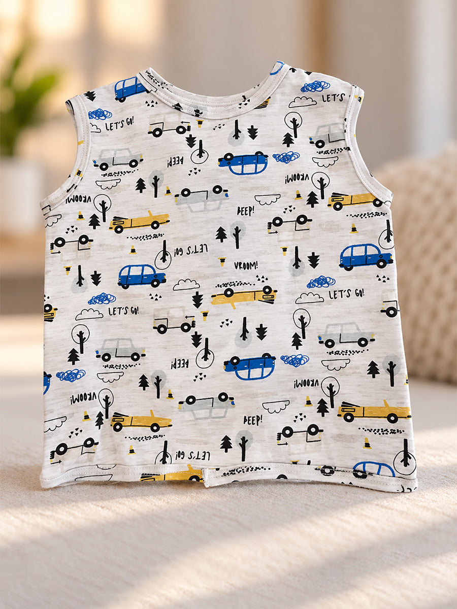 Ziva Newborn Knitted Cotton Front Open Tie Jabla with Light Padded Tie Nappy – Road Trip Vehicle Print | 1 Jabla + 1 Nappy