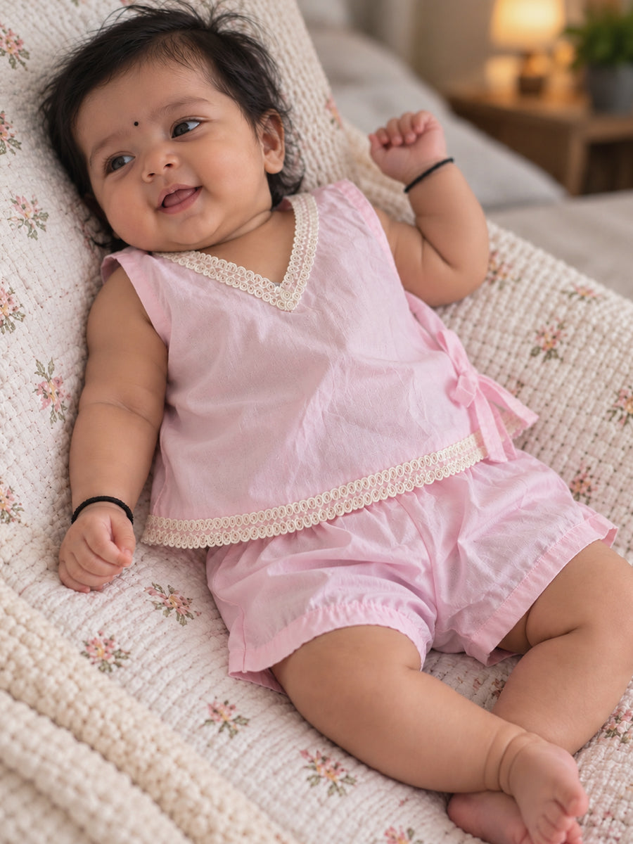 Ziva Baby Cotton Wrap Top & Bloomer Set – Soft Baby Pink | V-Neck Side Tie | 1 Wrap Top + 1 Bloomer