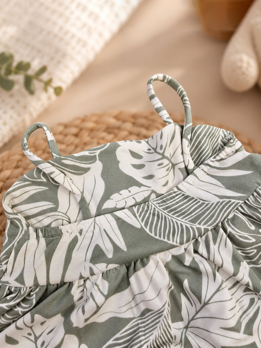 Ziva Baby Girl Strappy Frock with Pantie – Sage Green Tropical Leaf Print | Knitted Cotton