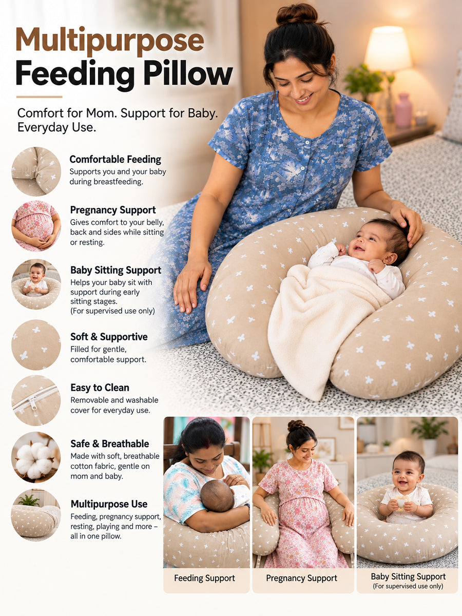 Ziva Multipurpose Feeding Pillow – White with Warm Beige Bird Print | 100% Cotton Cover | Removable & Washable