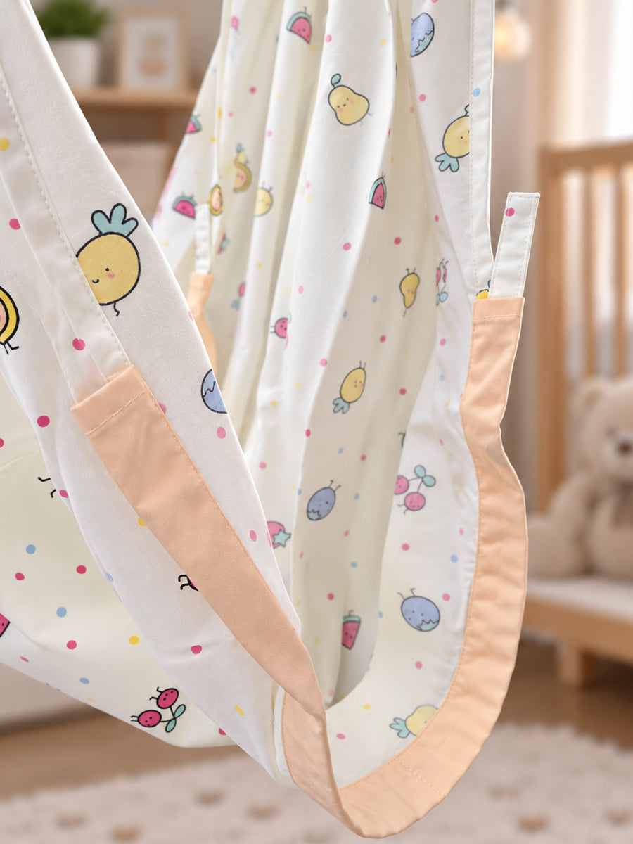 Ziva Baby Cradle – Fruity Friends Cream | Premium Cotton Cloth Cradle with Mosquito Net, Hanger & S-Hook