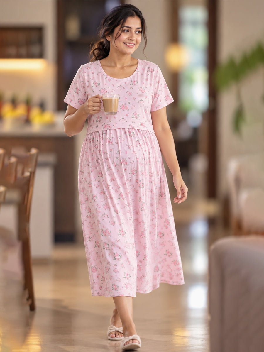 Ziva Zipless Maternity & Feeding Knitted Dress with Adjustable Waist Tie & Side Pocket | Soft Blush Pink Rose Floral