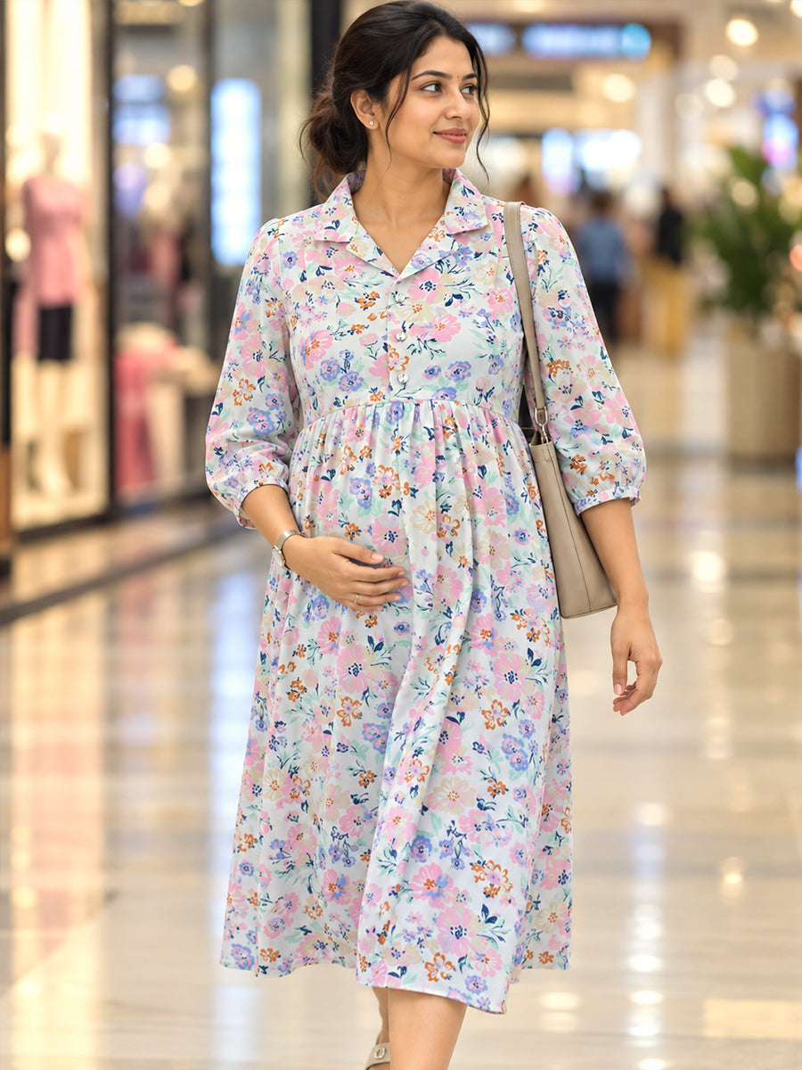 Ziva Premium Cotton Twill Maternity & Feeding Dress with Collared Neck, Concealed Zips & Side Pocket | Soft Cream White Multicolour Floral